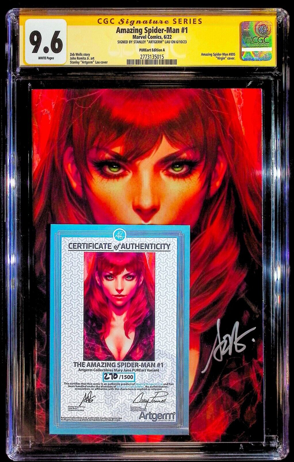 AMAZING SPIDER-MAN #1 - ARTGERM VIRGIN VARIANT A +COA LTD 1500 SIGNED CGC 9.6